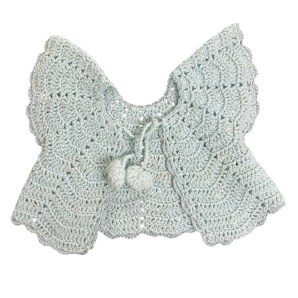Powder Blue Baby Blue- Crochet Knit- Cardigan Doll Sized- Vintage tassel tie